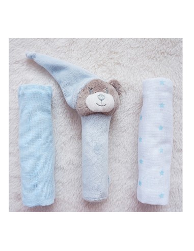 Peluche Sonajero + Gasas Estampadas (3 Piezas) 100% Alg.