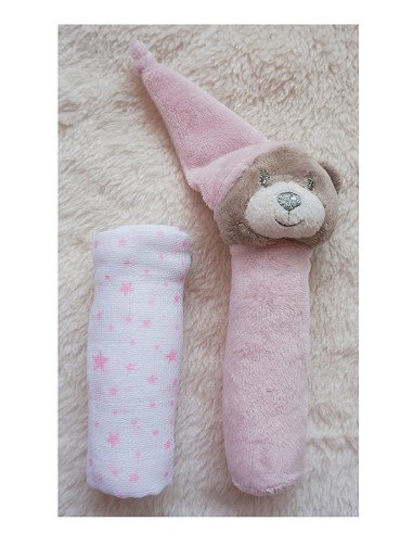 Peluche Sonajero + Gasa Estampada 45X45 Cms. (2 Piezas) 100% Alg.